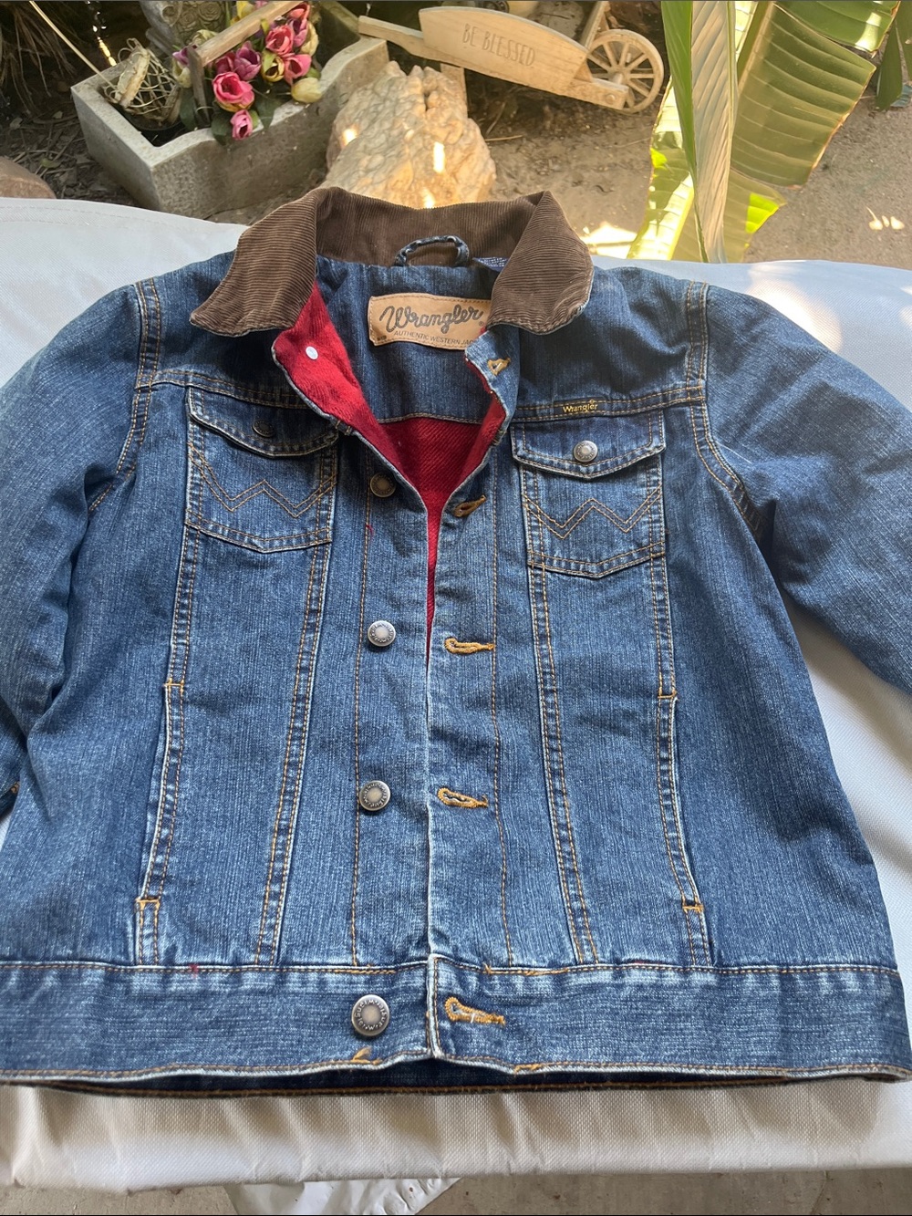 Wrangler Blue Denim Jacket with Brown Corduroy Collar and Red Lining